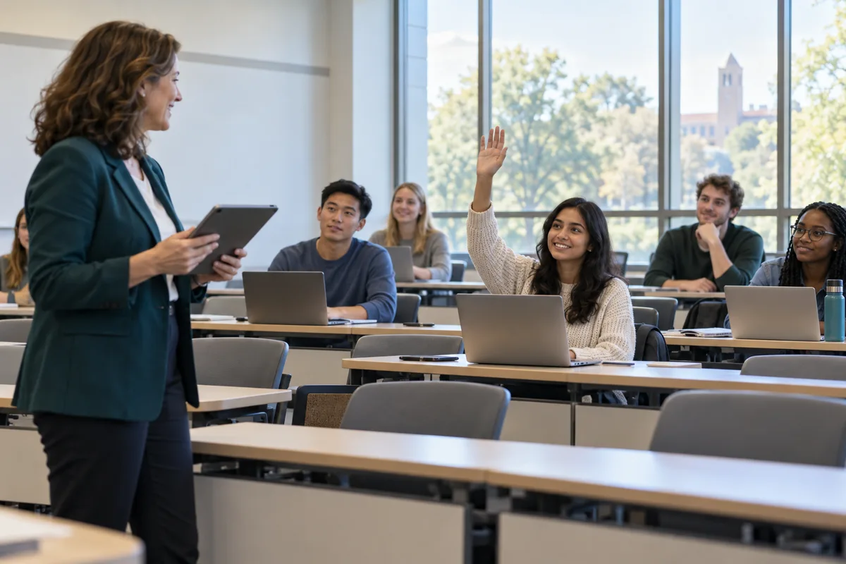 Instructor checking student attendance on a tablet in a college classroom